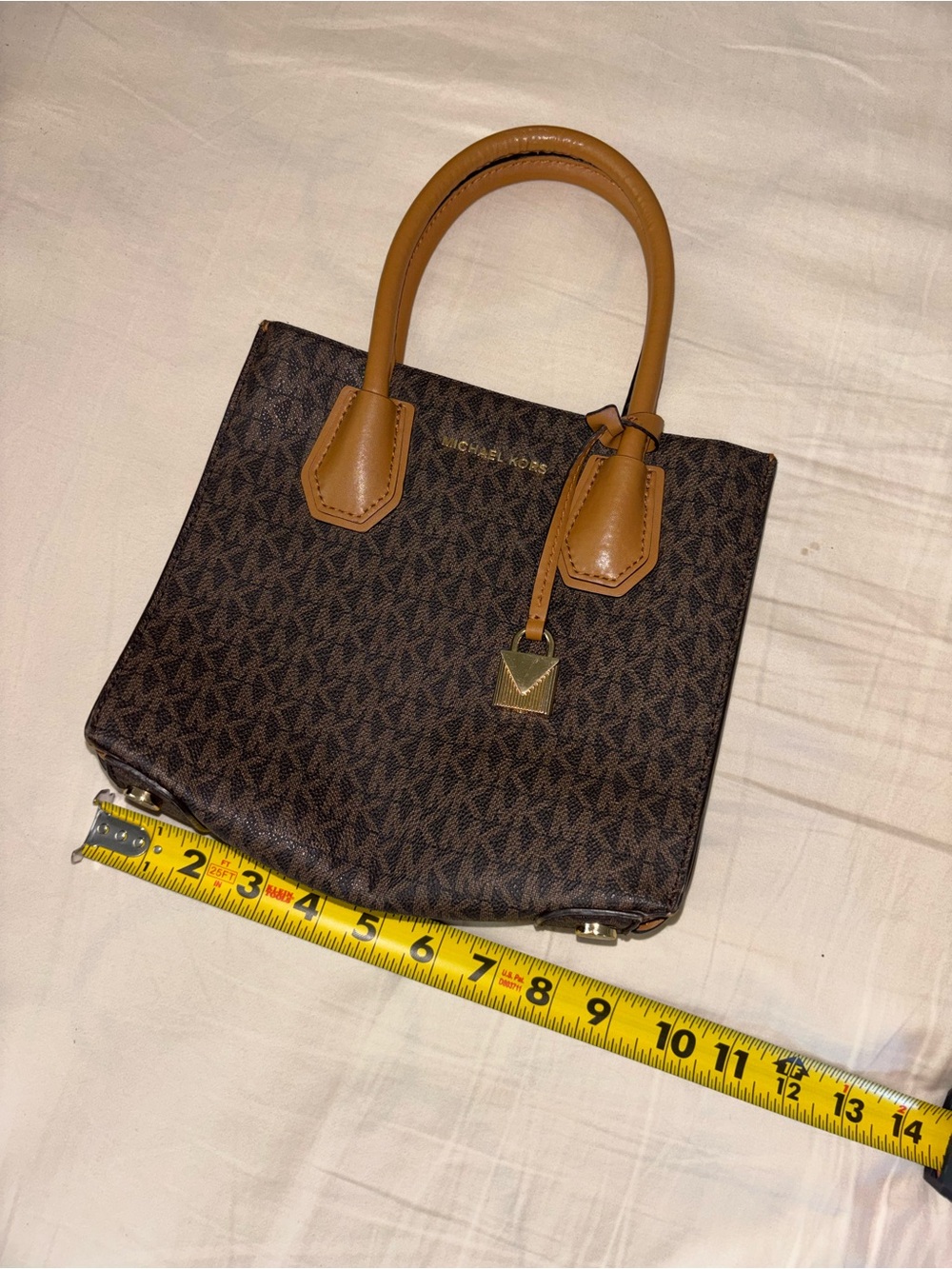 Michael Kors Brown Monogram Mini Satchel with Tan Handles